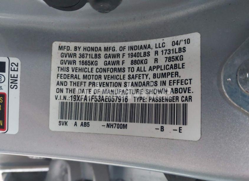 Photo 9 of 2010 Honda Civic LX (VIN 19XFA1F53AE057916)