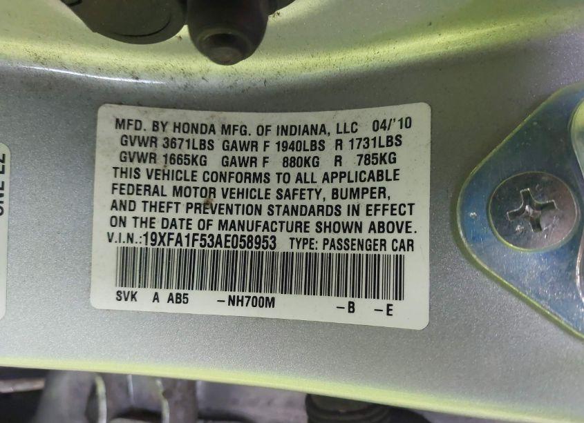 Photo 9 of 2010 Honda Civic LX (VIN 19XFA1F53AE058953)