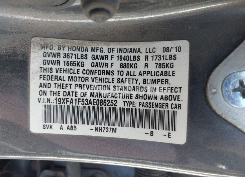 Photo 9 of 2010 Honda Civic LX (VIN 19XFA1F53AE086252)