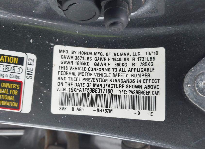 Photo 9 of 2011 Honda Civic LX (VIN 19XFA1F53BE017160)