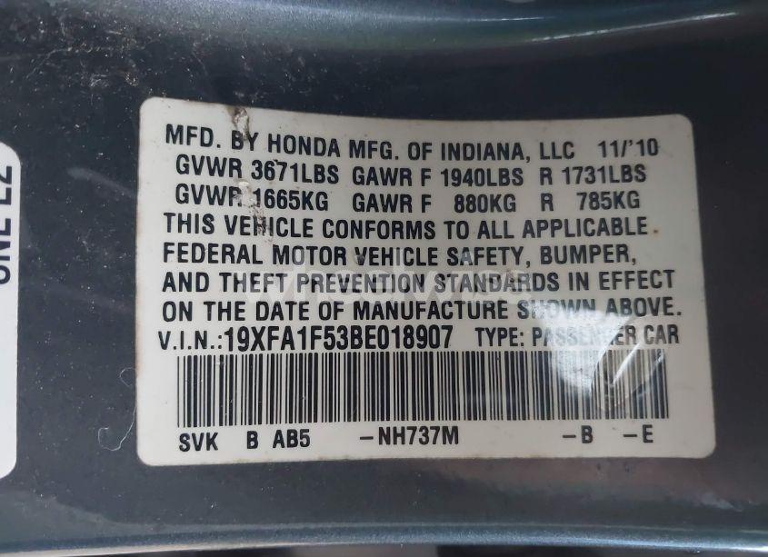 Photo 9 of 2011 Honda Civic LX (VIN 19XFA1F53BE018907)