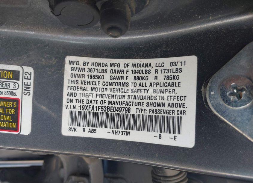 Photo 9 of 2011 Honda Civic LX (VIN 19XFA1F53BE049798)