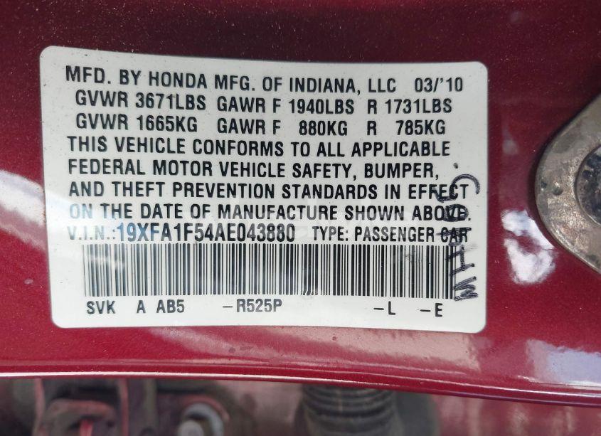 Photo 9 of 2010 Honda Civic LX (VIN 19XFA1F54AE043880)