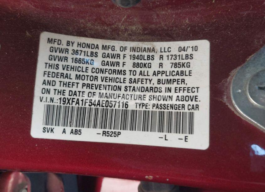 Photo 9 of 2010 Honda Civic LX (VIN 19XFA1F54AE057116)