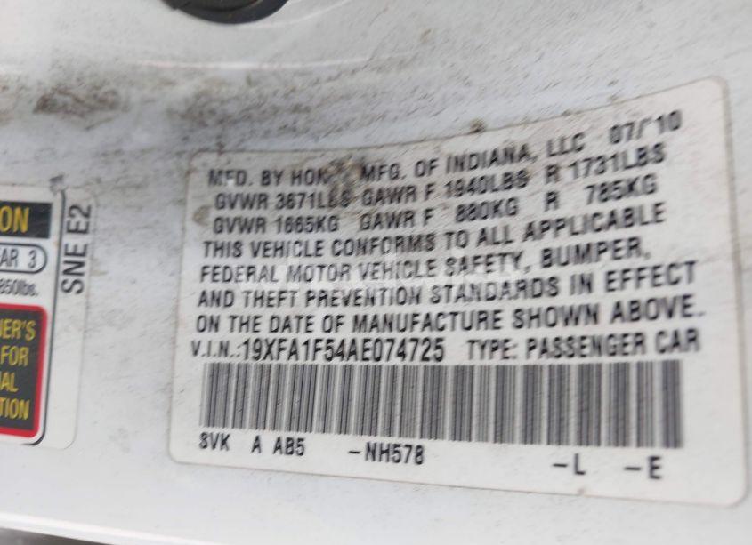 Photo 9 of 2010 Honda Civic LX (VIN 19XFA1F54AE074725)