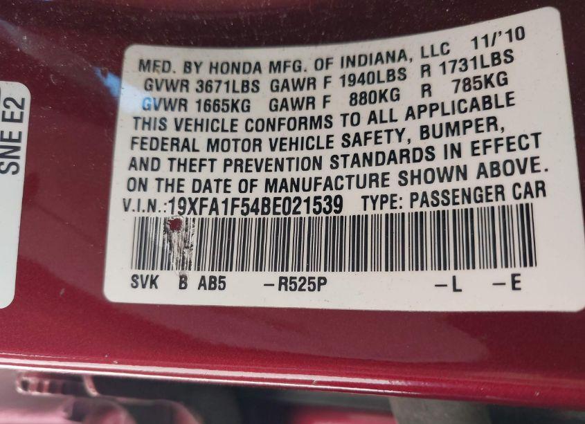 Photo 9 of 2011 Honda Civic LX (VIN 19XFA1F54BE021539)