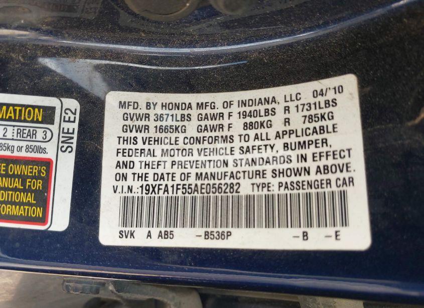 Photo 9 of 2010 Honda Civic LX (VIN 19XFA1F55AE056282)