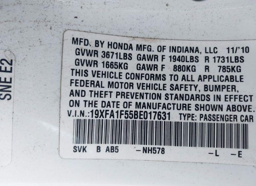 Photo 9 of 2011 Honda Civic LX (VIN 19XFA1F55BE017631)