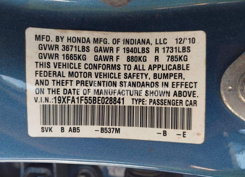 Photo 9 of 2011 Honda Civic LX (VIN 19XFA1F55BE028841)