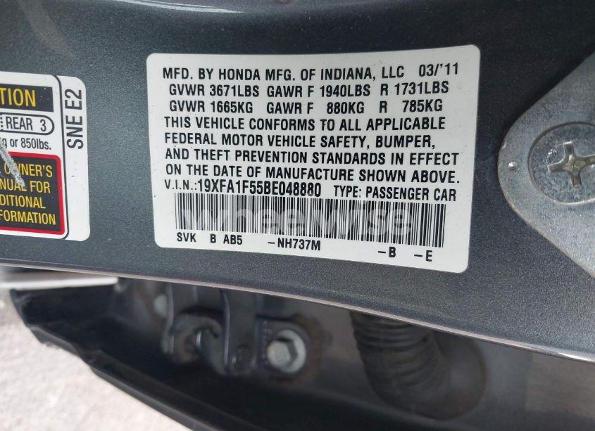 Photo 9 of 2011 Honda Civic LX (VIN 19XFA1F55BE048880)