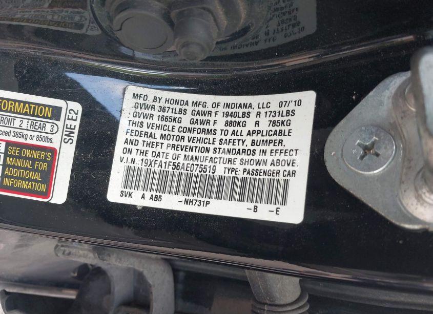 Photo 9 of 2010 Honda Civic LX (VIN 19XFA1F56AE075519)