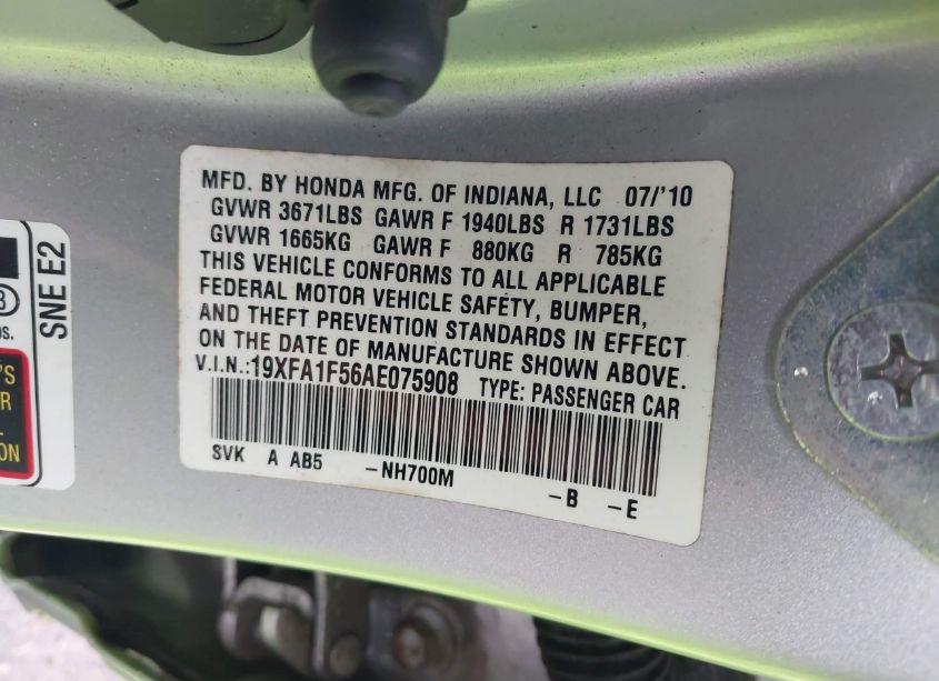 Photo 9 of 2010 Honda Civic LX (VIN 19XFA1F56AE075908)