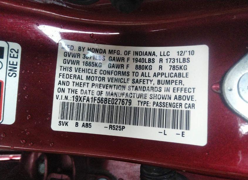 Photo 9 of 2011 Honda Civic LX (VIN 19XFA1F56BE027679)