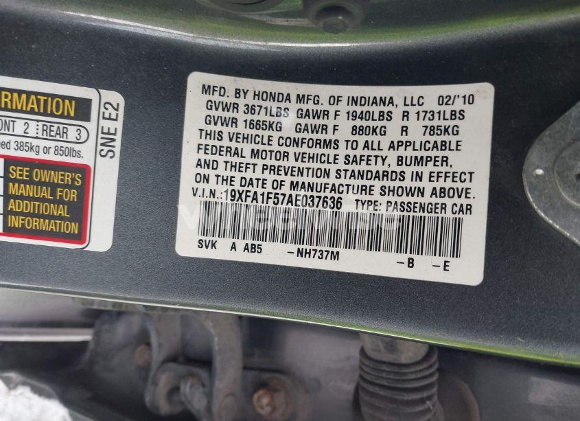 Photo 9 of 2010 Honda Civic LX (VIN 19XFA1F57AE037636)