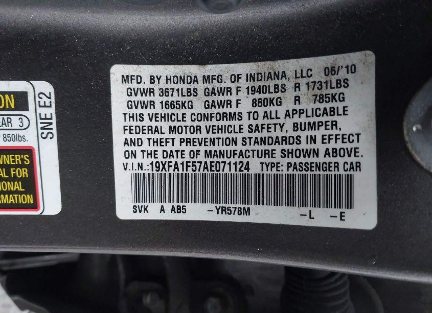 Photo 9 of 2010 Honda Civic LX (VIN 19XFA1F57AE071124)