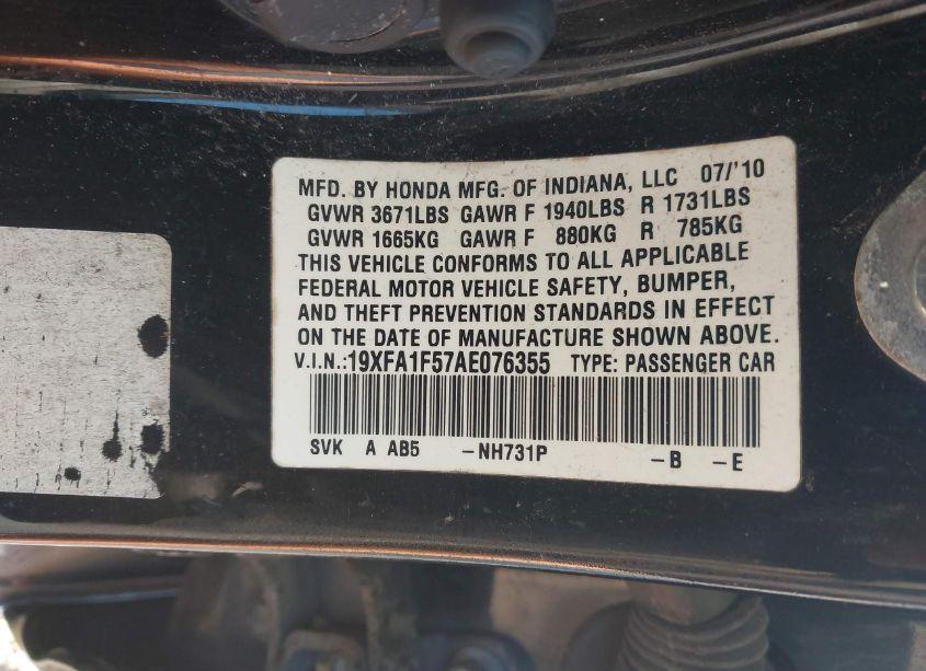 Photo 9 of 2010 Honda Civic LX (VIN 19XFA1F57AE076355)