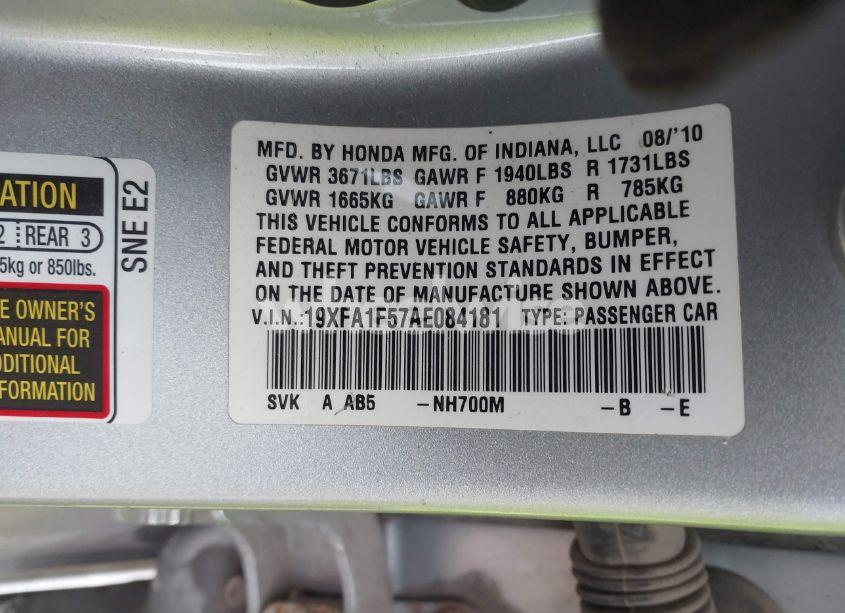 Photo 9 of 2010 Honda Civic LX (VIN 19XFA1F57AE084181)