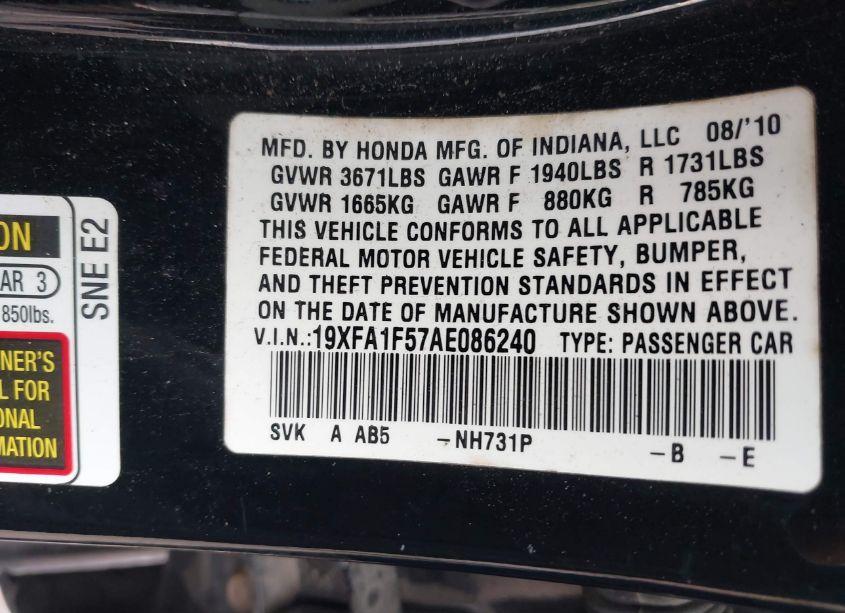 Photo 9 of 2010 Honda Civic LX (VIN 19XFA1F57AE086240)