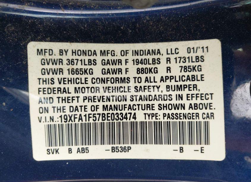 Photo 9 of 2011 Honda Civic LX (VIN 19XFA1F57BE033474)