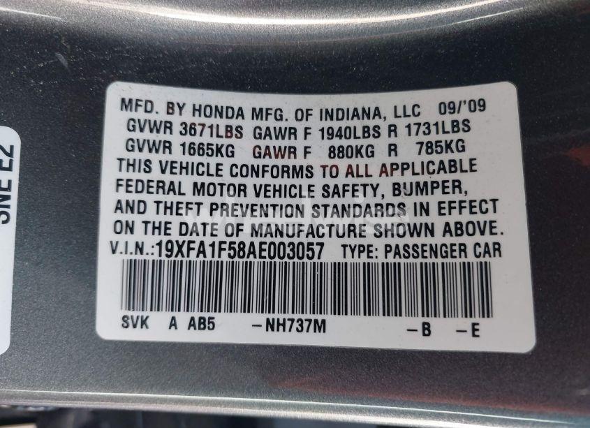 Photo 9 of 2010 Honda Civic LX (VIN 19XFA1F58AE003057)