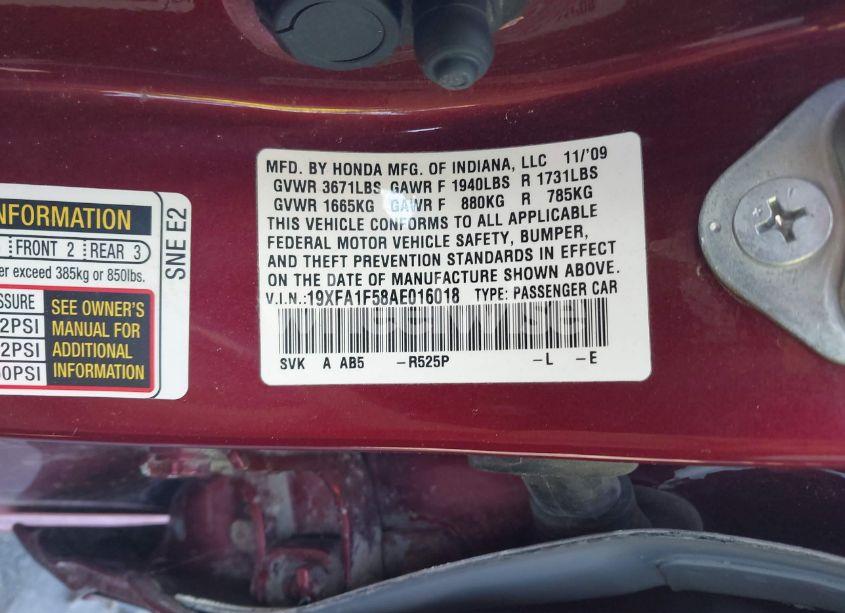 Photo 9 of 2010 Honda Civic LX (VIN 19XFA1F58AE016018)