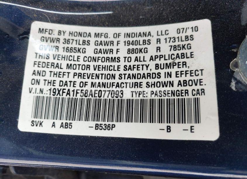 Photo 9 of 2010 Honda Civic LX (VIN 19XFA1F58AE077093)