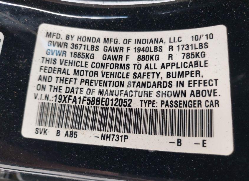 Photo 9 of 2011 Honda Civic LX (VIN 19XFA1F58BE012052)