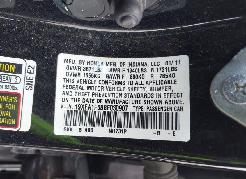 Photo 9 of 2011 Honda Civic LX (VIN 19XFA1F58BE030907)