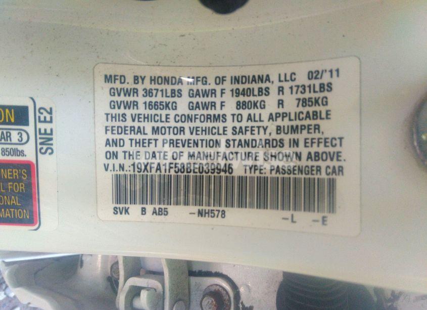 Photo 9 of 2011 Honda Civic LX (VIN 19XFA1F58BE039946)