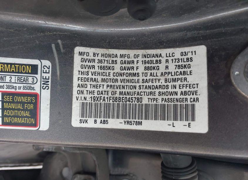 Photo 9 of 2011 Honda Civic LX (VIN 19XFA1F58BE045780)