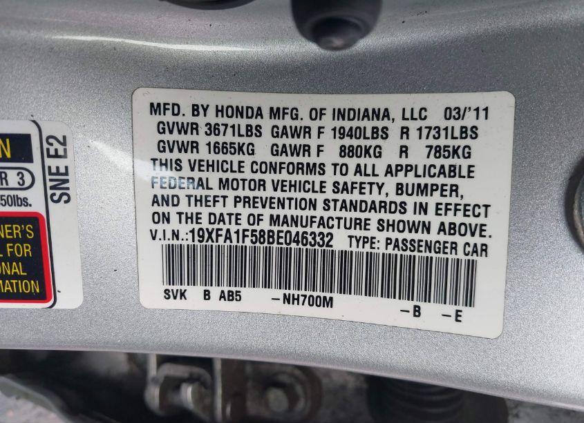 Photo 9 of 2011 Honda Civic LX (VIN 19XFA1F58BE046332)