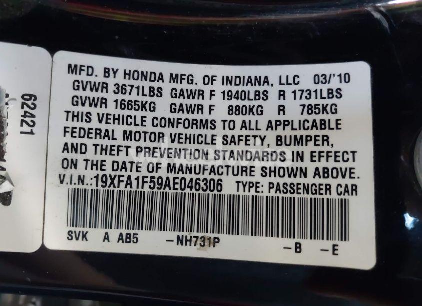 Photo 9 of 2010 Honda Civic LX (VIN 19XFA1F59AE046306)