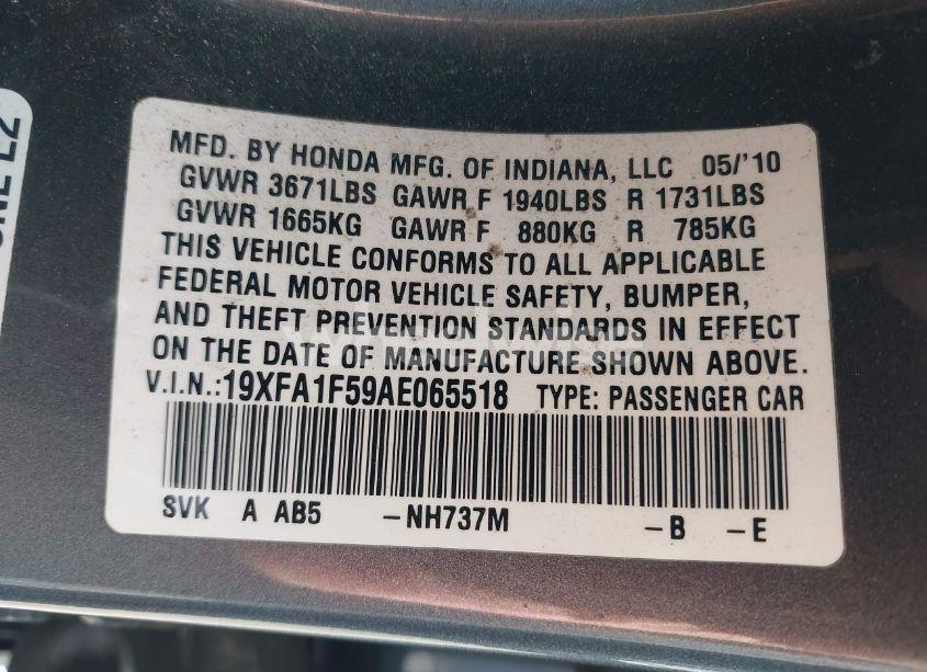 Photo 9 of 2010 Honda Civic LX (VIN 19XFA1F59AE065518)