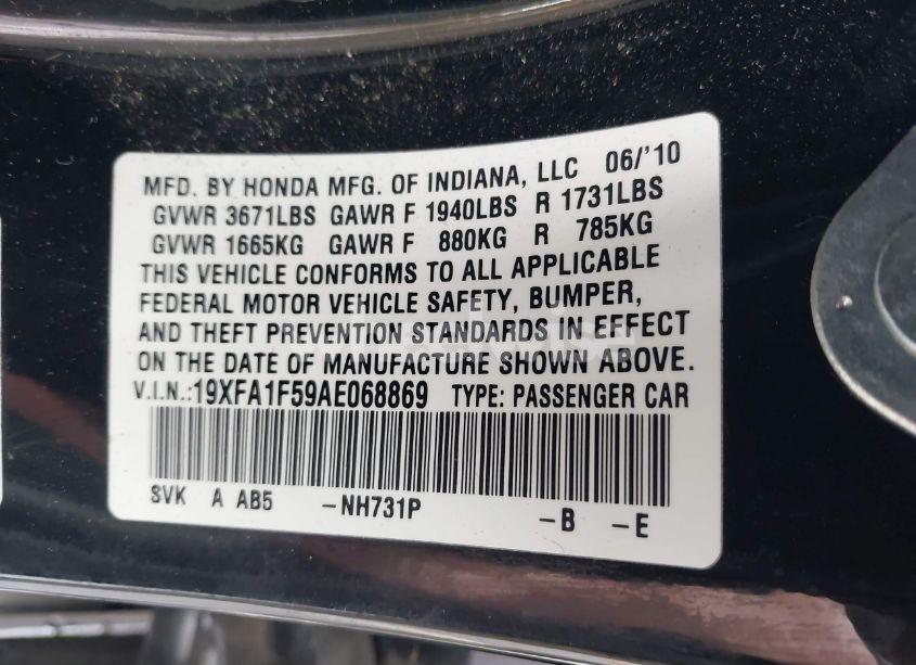 Photo 9 of 2010 Honda Civic LX (VIN 19XFA1F59AE068869)