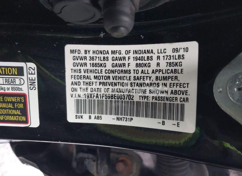 Photo 9 of 2011 Honda Civic LX (VIN 19XFA1F59BE003702)