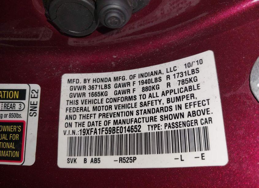 Photo 9 of 2011 Honda Civic LX (VIN 19XFA1F59BE014652)