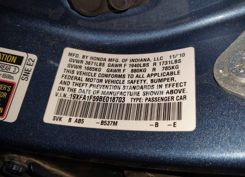 Photo 9 of 2011 Honda Civic LX (VIN 19XFA1F59BE018703)