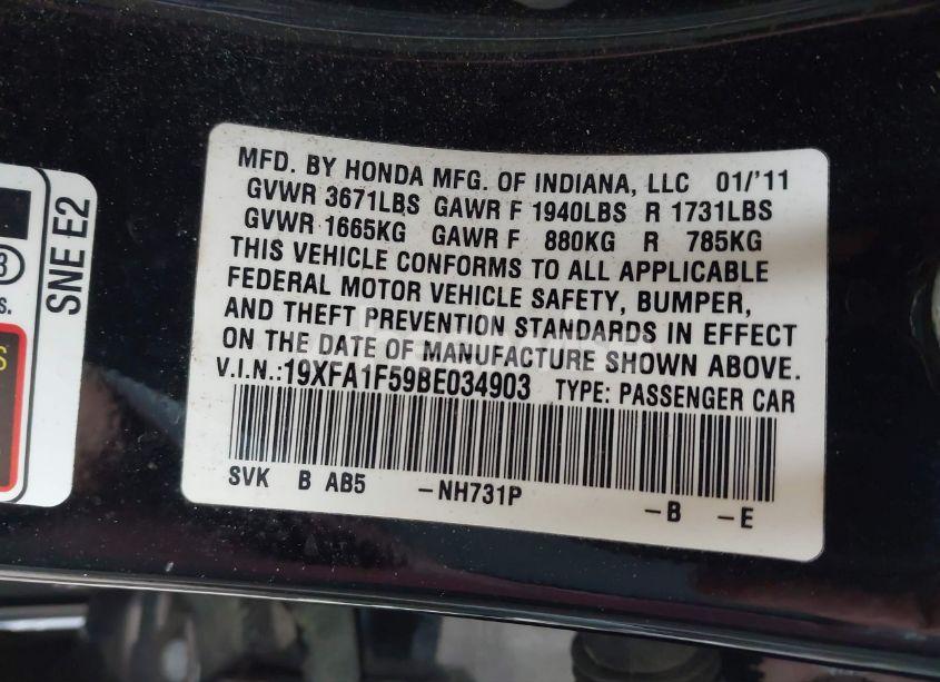 Photo 9 of 2011 Honda Civic LX (VIN 19XFA1F59BE034903)