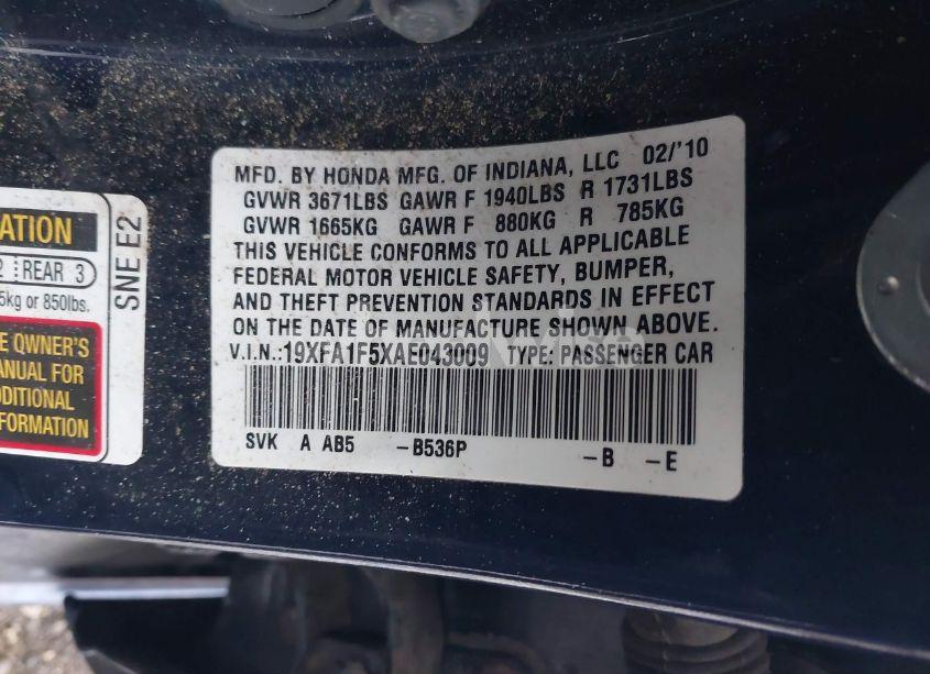 Photo 9 of 2010 Honda Civic LX (VIN 19XFA1F5XAE043009)