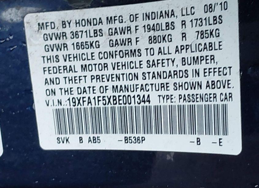 Photo 9 of 2011 Honda Civic LX (VIN 19XFA1F5XBE001344)