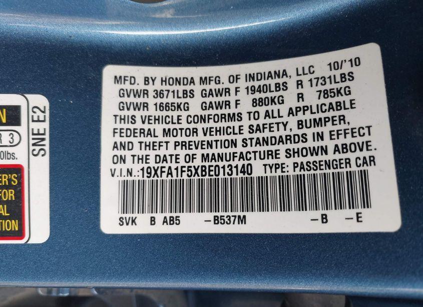 Photo 9 of 2011 Honda Civic LX (VIN 19XFA1F5XBE013140)