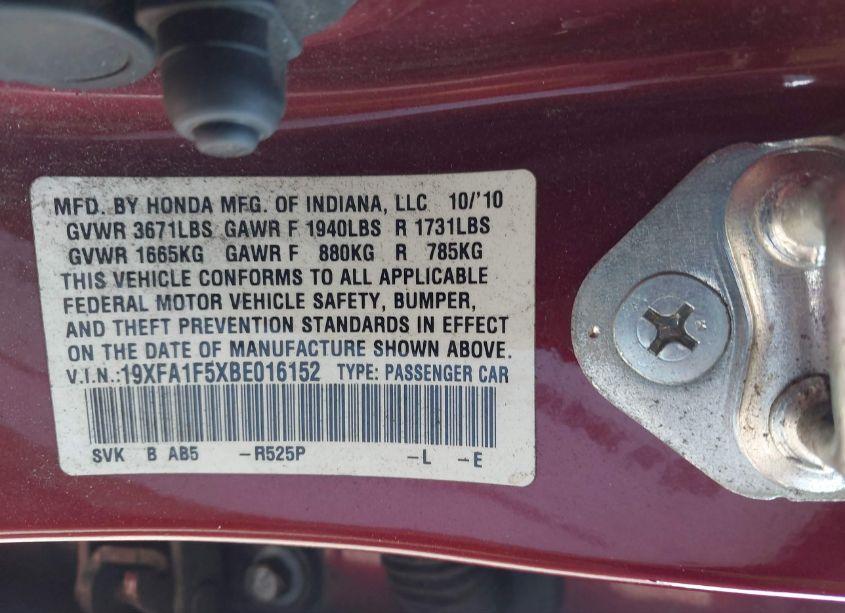 Photo 9 of 2011 Honda Civic LX (VIN 19XFA1F5XBE016152)