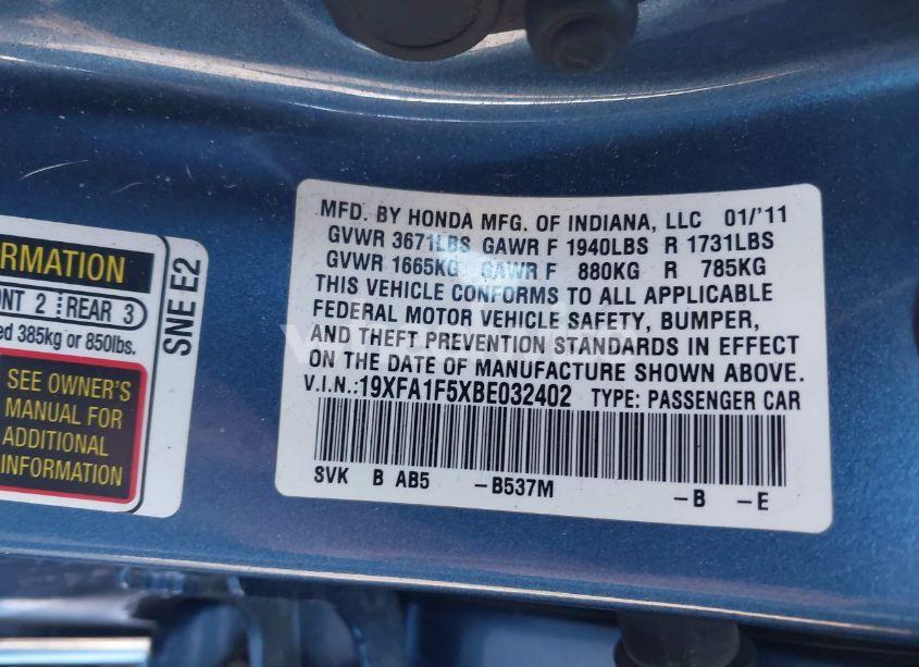 Photo 9 of 2011 Honda Civic LX (VIN 19XFA1F5XBE032402)