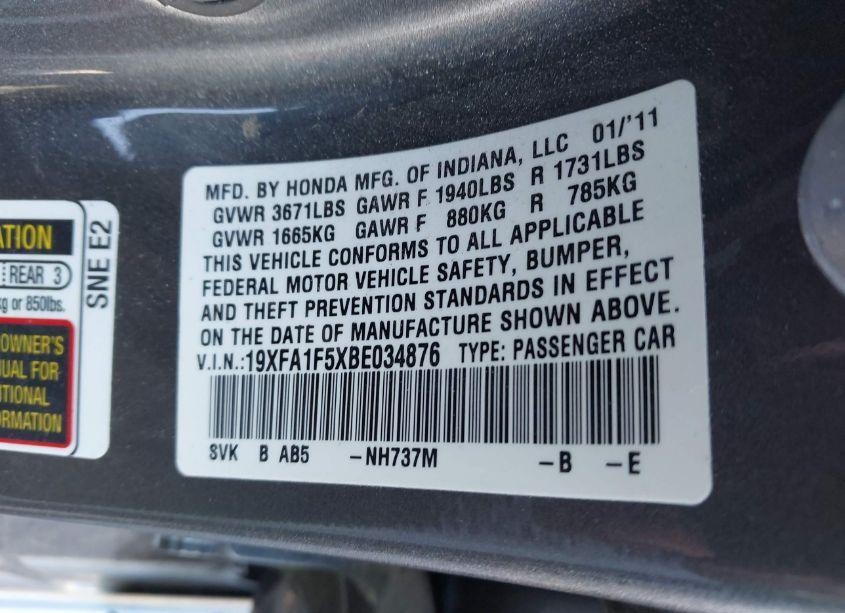 Photo 9 of 2011 Honda Civic LX (VIN 19XFA1F5XBE034876)