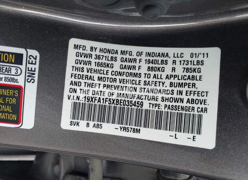 Photo 9 of 2011 Honda Civic LX (VIN 19XFA1F5XBE035459)