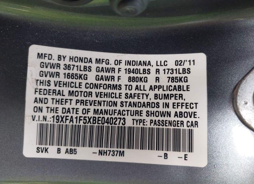 Photo 9 of 2011 Honda Civic LX (VIN 19XFA1F5XBE040273)