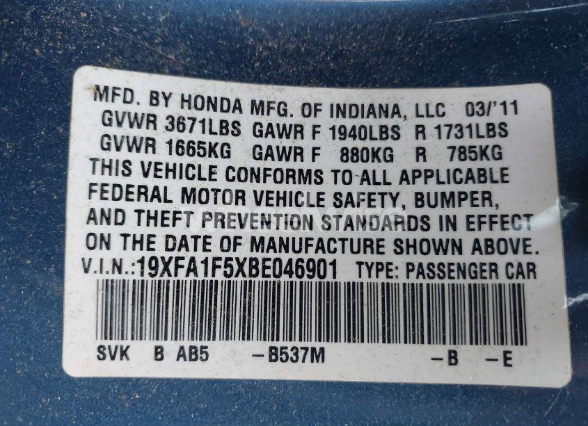 Photo 9 of 2011 Honda Civic LX (VIN 19XFA1F5XBE046901)