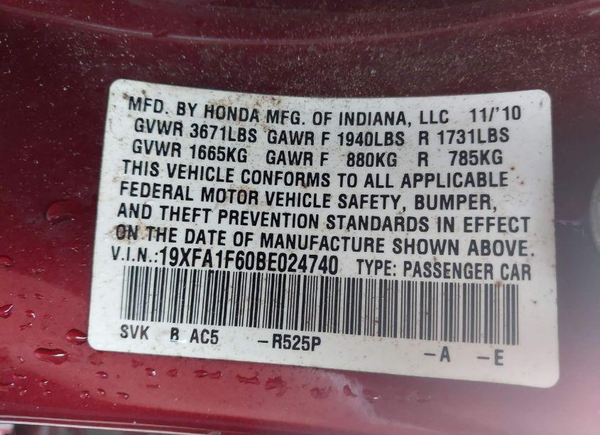 Photo 9 of 2011 Honda Civic LX-S (VIN 19XFA1F60BE024740)