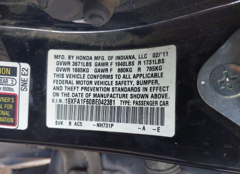 Photo 9 of 2011 Honda Civic LX-S (VIN 19XFA1F60BE042381)