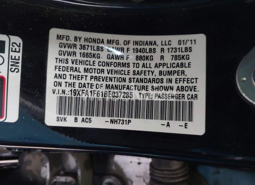 Photo 9 of 2011 Honda Civic LX-S (VIN 19XFA1F61BE037285)